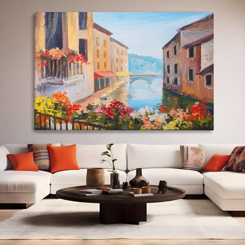 Tablou canvas cu pictura cu canal italian si flori, fara rama, pe sasiu de lemn, pe perete intr-un living